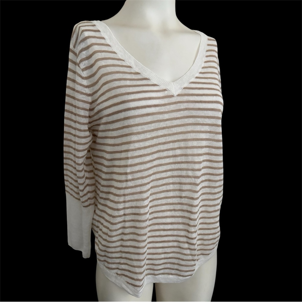 Majestic Filatures Tan White Striped Linen V Neck Top 3/4 Sleeve M-L